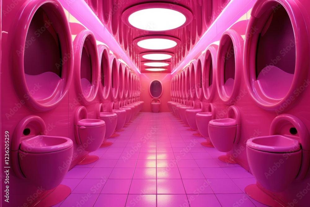 Poster rows of pink toilets creating a futuristic and colorful atmosphere in a public restroom
