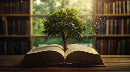 Open book with tree growing from pages in library, symbolizing growth, education, sustainability, and knowledge. Concept of environmental awareness and learning.