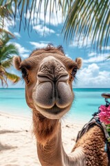 Close-up of a camel on a beach background. Selective focus