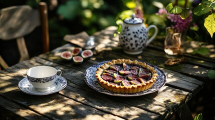 Fototapeta premium fig pie on a table in the garden. Selective focus