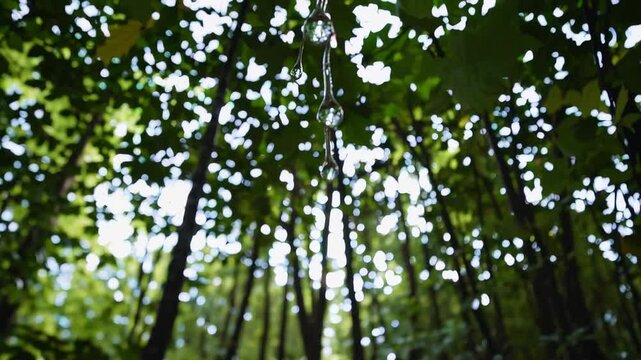 delicate water droplet falling from a leaf in a lush Fagus sylvatica (European beech) forest, reflecting sunlight and capturing the freshness of nature after rainfall.