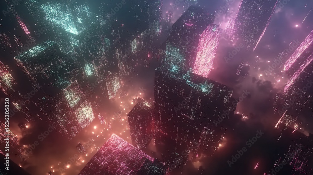 Poster abstract futuristic cityscape with glowing grid-like structures and ethereal haze