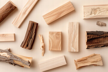 Various Sized Wood Pieces on Beige Background