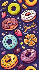 Naklejka premium Colorful Donuts and Fresh Fruit in Cartoon Style