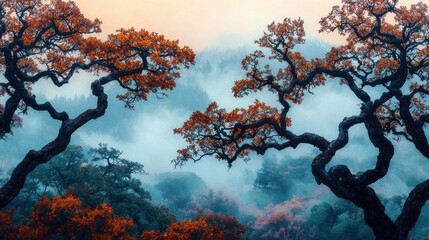 Misty Forest Scene with Autumn Trees and Vibrant Orange Leaves