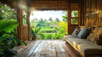 An eco-friendly bamboo house with open walls, designed to blend with nature.