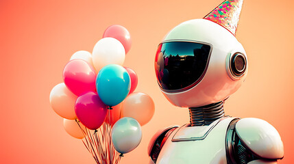 Cheerful contemporary, fantastic robot  celebrates birthday with balloons on a vibrant pink background