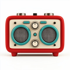 vibrant red Bluetooth speaker featuring two large speakers and control knobs, designed playful cartoon style. This device combines retro aesthetics with modern functionality, perfect for music