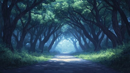 Naklejka premium Enchanted Pathway Through Lush Forest with Soft Mystic Light