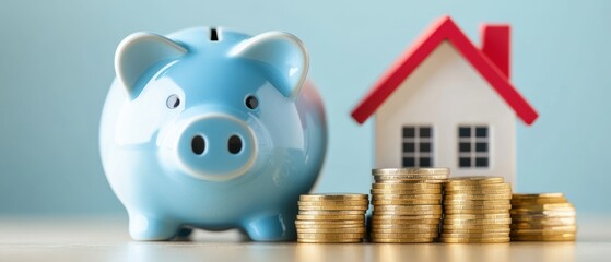 Piggy bank, house model and coins representing savings and investment in real estate for home ownership and financial security strategies for future growth.