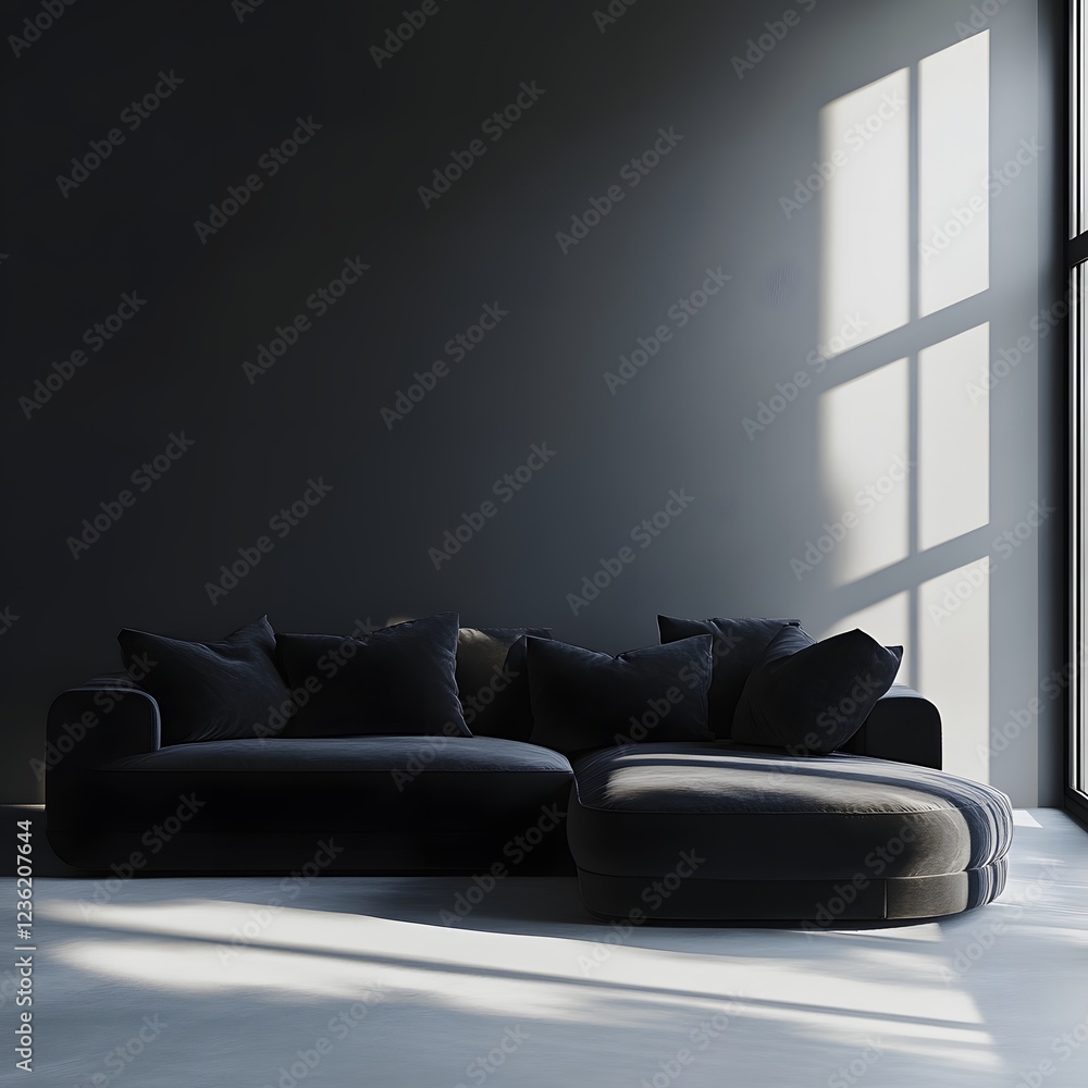Poster minimalist black living room interior featuring sofa captured from a corner angle highlighting the i