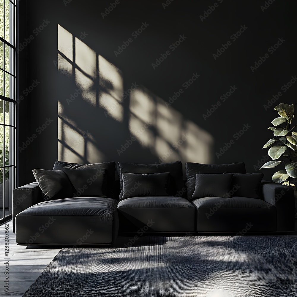 Poster minimalist black living room interior featuring sofa captured from a corner angle highlighting the i