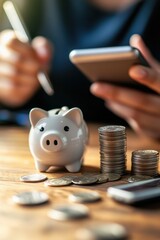 Piggy bank, smartphone, and coins on wooden table representing personal finance management. Budgeting, saving money, and financial planning concepts for better savings.