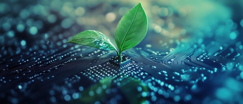 Plant emerging from circuit board symbolizing technology, innovation, and sustainability. Concept of digital agriculture, eco-friendly solutions, and smart farming practices.