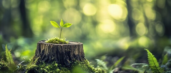 Plant growing from tree stump in lush forest environment, symbolizing renewal, sustainability, and nature conservation in ecological restoration and green living.