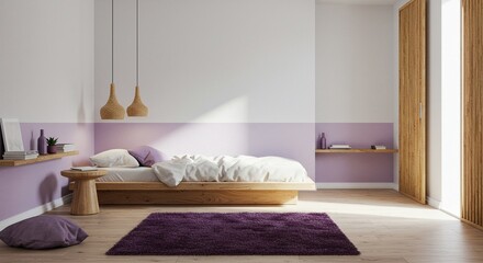 Serene Lavender Bedroom: Minimalist Design with Wooden Accents