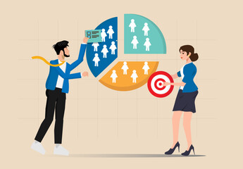 Marketing or advertising concept segment analysis, target audience, consumer or user group, businessman analyzing customer segment pie chart