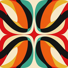 Abstract design featuring bold flowing shapes in red, orange, black, and teal creating a visually striking symmetrical pattern. This vibrant image symbolizes energy, motion, and creativity.