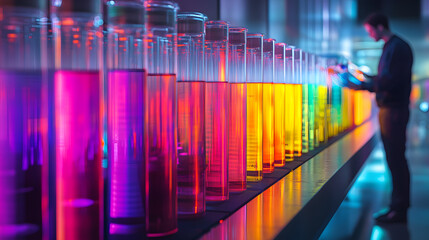 A medical research lab with rows of test tubes filled with vibrant colored liquids, and a researcher analyzing data on a futuristic holographic interface, during a groundbreaking discovery