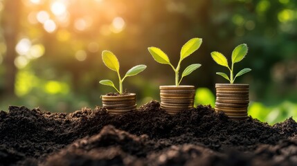 Plants growing from stacks of coins on soil, symbolizing investment, savings, and financial growth in a thriving green environment for economic development.