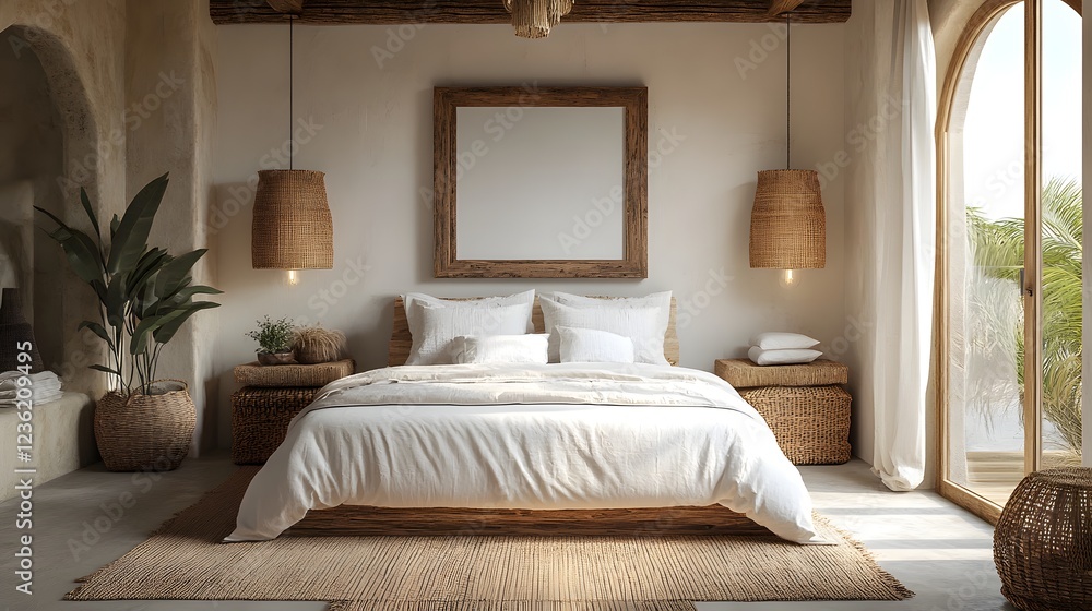 Poster minimalist coastal boho style bedroom featuring mockup frame on a rustic wall woven baskets and soft