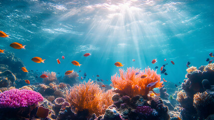 Fototapeta premium Underwater Tropical Corals Reef with colorful sea fish. Marine life sea world. Tropical colourful underwater seascape. 