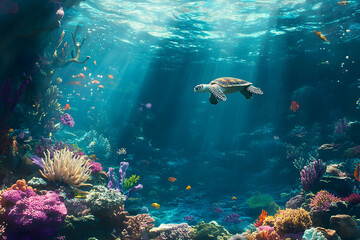 Fototapeta premium Underwater Tropical Corals Reef with colorful sea fish. Marine life sea world. Tropical colourful underwater seascape. 