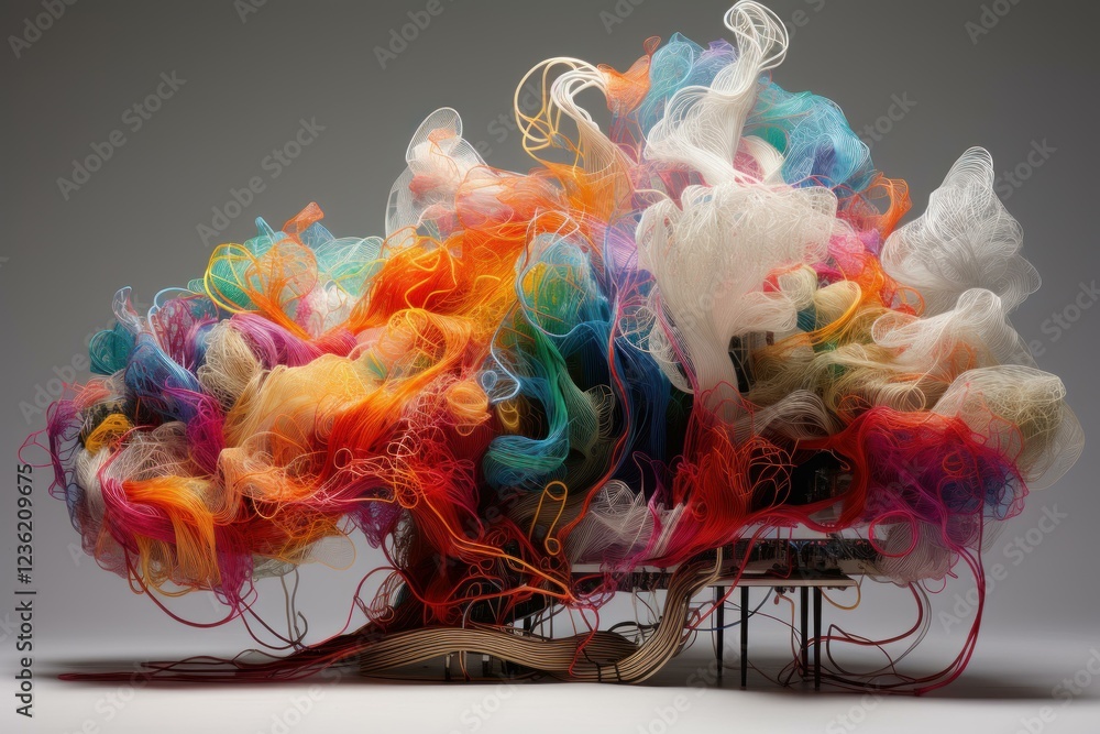 Poster colorful threads exploding from a circuit board, representing the intersection of art and technology