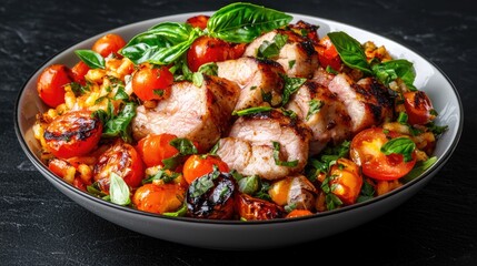 Fototapeta premium Sliced grilled chicken breast served with roasted cherry tomatoes and fresh basil in a grey bowl.