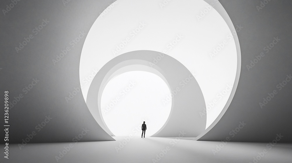 Poster person standing within a minimal white structure of archways and curves with a bright light