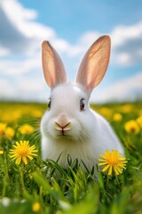 Fototapeta premium Rabbit, adorable white creature in vibrant green field with yellow dandelions under a bright blue sky, representing spring, nature, and wildlife exploration.