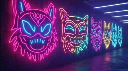 Obraz premium Neon Animal Masks Illuminating a Dark Urban Alleyway Scene