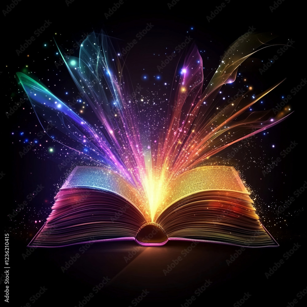 Poster An open book releasing vibrant light and sparkling particles, symbolizing the transformation of knowledge and creativity into magic, imagination, and inspiration.
