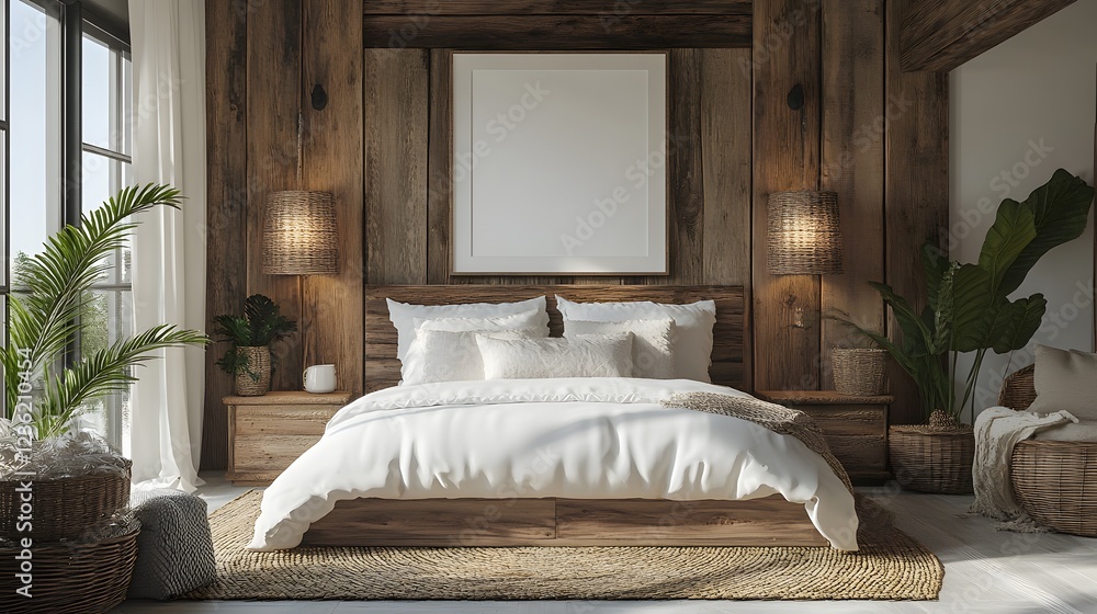 Poster minimalist coastal boho style bedroom featuring mockup frame on a rustic wall woven baskets and soft