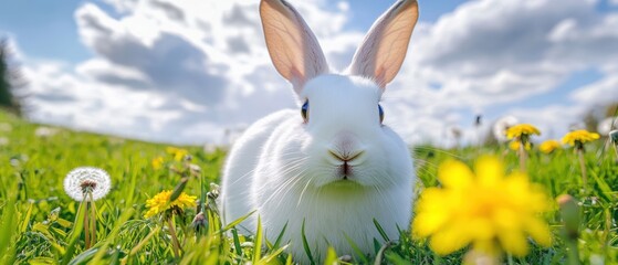 Fototapeta premium Rabbit in a lush green field surrounded by colorful flowers under a bright blue sky, enjoying nature on a sunny day. Cute wildlife and spring scenery.