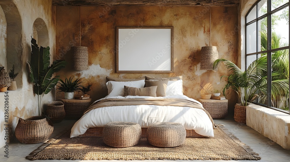 Poster minimalist coastal boho style bedroom featuring mockup frame on a rustic wall woven baskets and soft