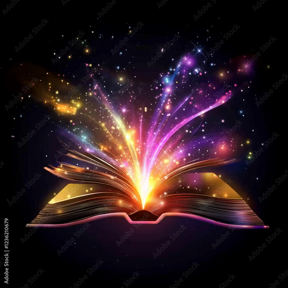 Poster a magical open book emitting colorful light and glowing particles, symbolizing knowledge, creativity