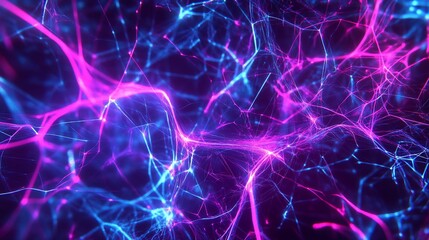 Abstract network of interconnected glowing lines with purple and blue hues creates a futuristic digital feel