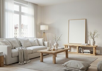 Bright, airy, Scandinavian living room. White sofa, wooden table, blank art print. Minimalist, cozy