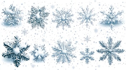 Vector heavy snowfall, snowflakes in different shapes and forms. Snow flakes, snow background. Falling Christmas. Stock royalty free vector illustration. PNG, on white background