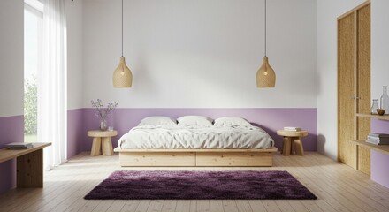 Serene Lavender Bedroom: Minimalist Wooden Bed, Woven Lights, and Plush Rug