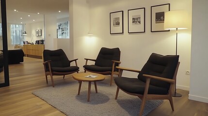 Fototapeta premium Modern Living Room With Three Dark Chairs And Artwork