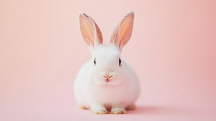 Obraz premium Rabbit sitting calmly on a pastel pink background, capturing the essence of cuteness, playfulness, and fluffy companions for pet-related themes and marketing materials.