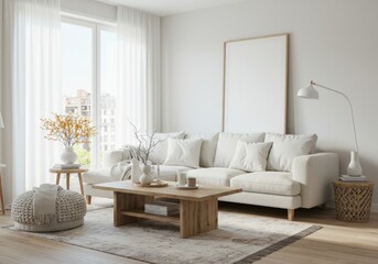 Fototapeta premium Bright, airy, Scandinavian living room. White sofa, wooden table, blank art print. Minimalist, cozy