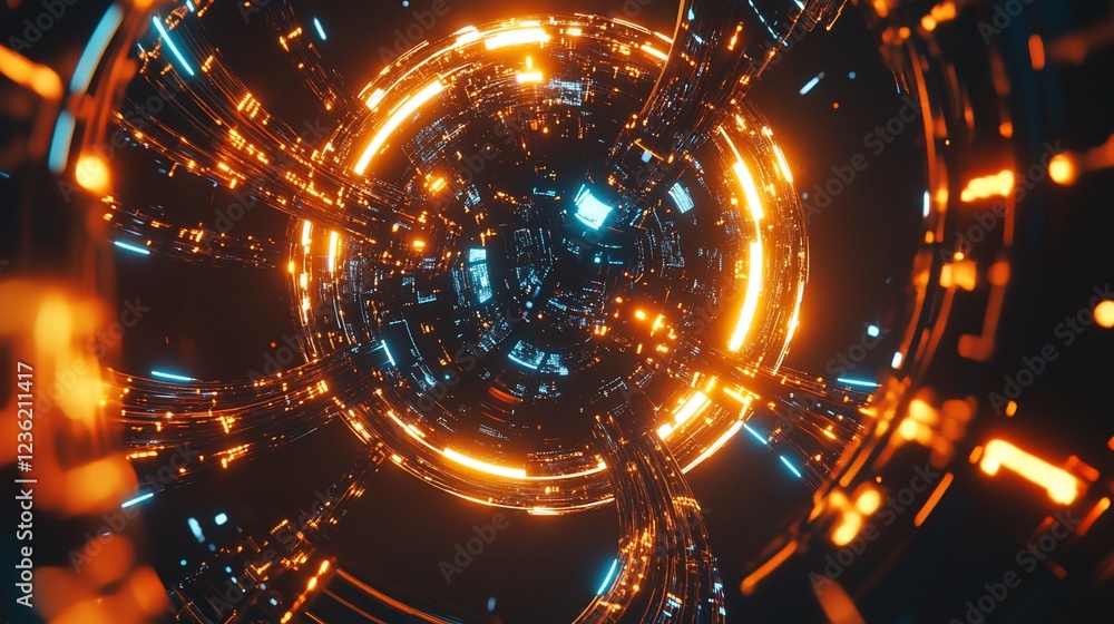 Aufkleber abstract digital network structure with glowing orange and blue lines and circles futuristic technol