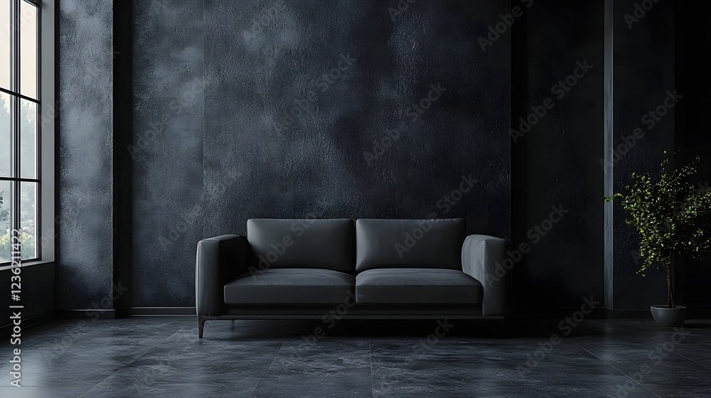 Poster minimalist dark room an empty wall mockup and simple furniture viewed from a frontal angle capturing