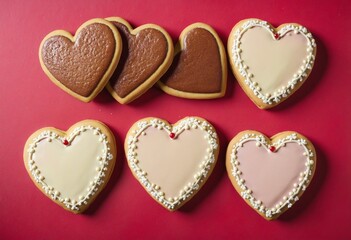 Obraz premium Heart-Shaped Cookies Spread on a Vibrant Red Background