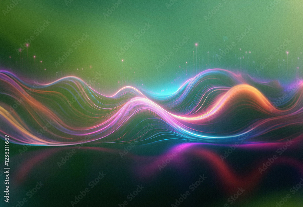 Poster Abstract sci-fi background featuring a double exposure effect. Glowing, colorful waves flow across a dark, reflective surface, creating a surreal and vibrant scene.