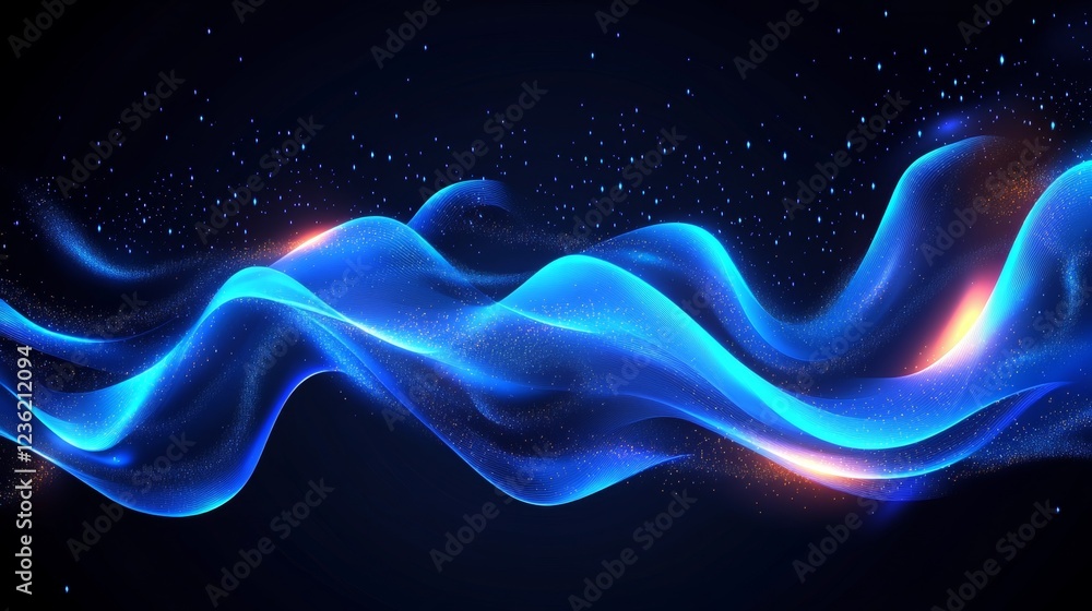 Poster abstract flowing blue forms, smooth vector art with highlights and shadows on a dark background