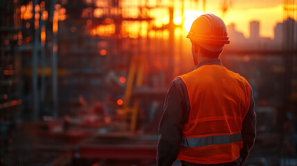 Fototapeta premium Construction Engineer in Safety Gear Observing Building at Construction Site industrial worker cranes infrastructure project development architecture engineering teamwork progress management